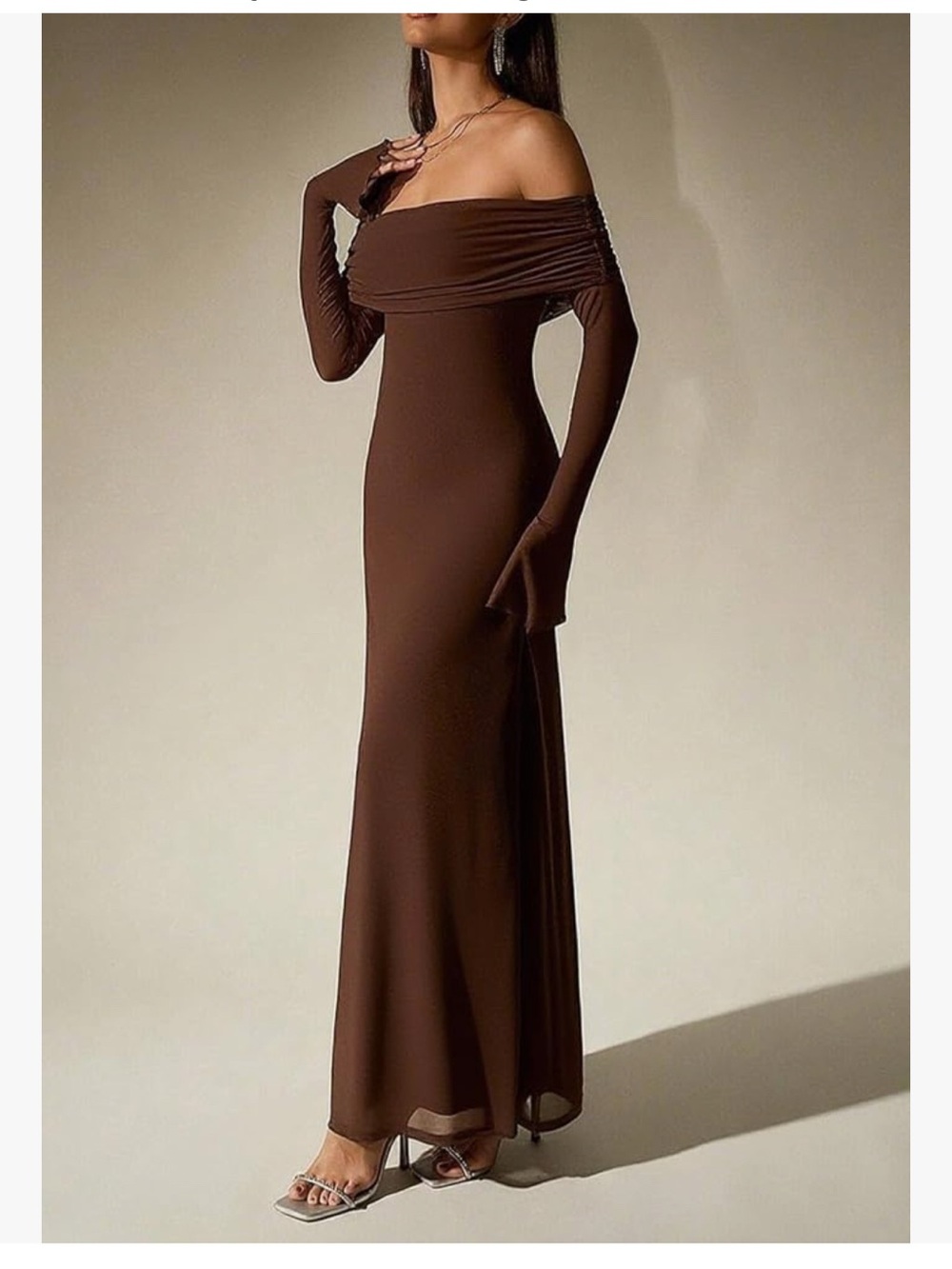 KUTUMAI women's brown form-fitting off-the-shoulder long-sleeve dress size S NWT